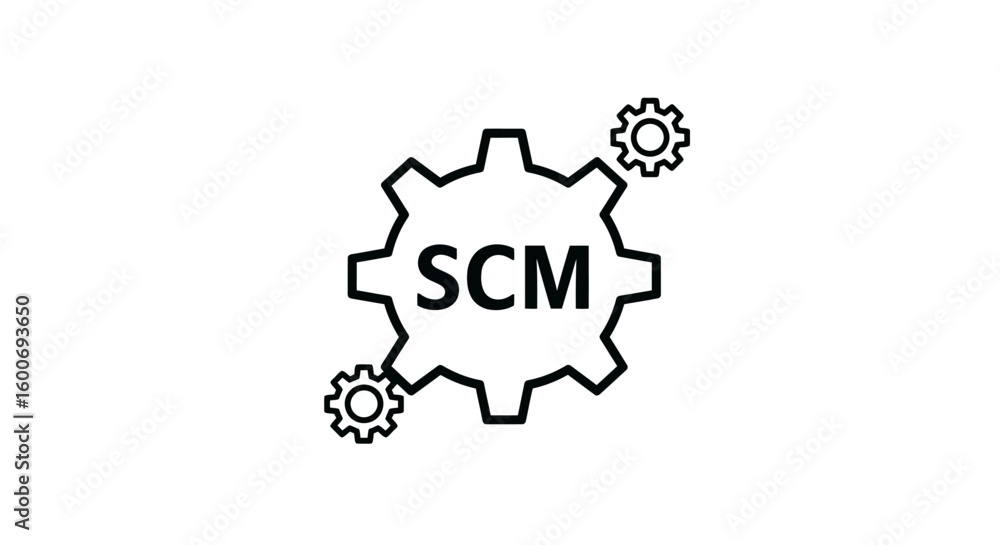 Poster scm and gear icon: a stylized scm graphic, featuring a central gear with scm text, surrounded by sma