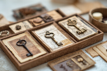 A beautifully arranged handcrafted mini escape room puzzle featuring hidden keys and riddles on vintage paper for group fun