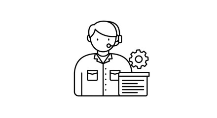 Customer Support Icon: A simple and modern icon of a customer support specialist, wearing a headset and standing by a document file and a cogwheel representing service and support.