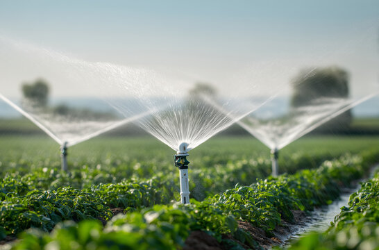 Agricultural Sprinklers Watering a Lush Green Field