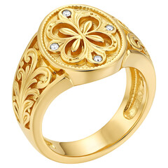 Gold Signet Ring with Floral Design and Diamonds
