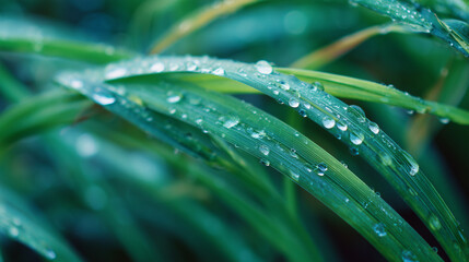 Naklejka premium Dewy grass blades with water droplets, a fresh morning's delicate beauty