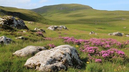 Rolling hills, wildflowers, and rocks