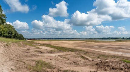 Empty, sun-drenched riverbank,  dry,  construction site