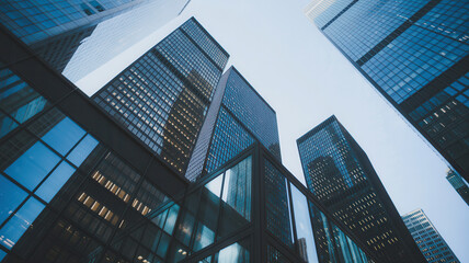 Modern skyscrapers with reflective glass facades against a clear sky