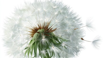 A close-up image shows a dandelion seed head in full bloom, white fluff against a stark background