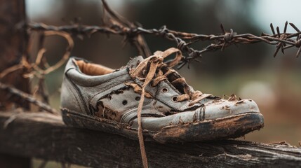 Worn shoe rests on a weathered wooden fence entangled in barbed wire a stark neglected scene