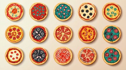 Variety of Pizzas, Top-Down View, Illustration, Food, Restaurant, Stock Photo