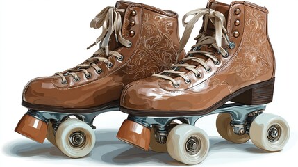 Pair of vintage-style roller skates, light brown leather, ornate design