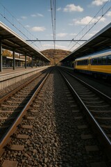 Fototapeta premium Train tracks at a quiet station under a blue sky during daylight hours