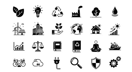 A comprehensive collection of eco-friendly icons representing sustainability, renewable energy, and environmental protection concepts for creative projects