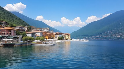 Lakeside town with colorful buildings, mountains, and calm water