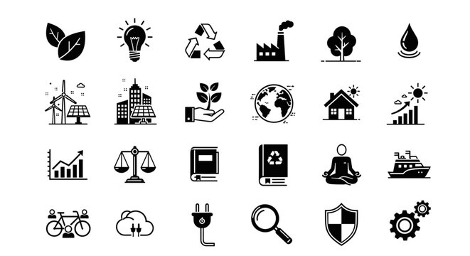A comprehensive collection of eco-friendly icons representing sustainability, renewable energy, and environmental protection concepts for creative projects
