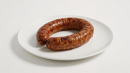 Dinner plate featuring a grilled sausage, isolated