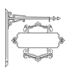 Ornate Vintage Signboard Illustration with Decorative Scrollwork and Blank Space for Text