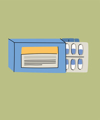 Flat Design Illustration with a Pack of Pills at Blue Color