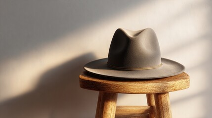 A light grey felt fedora rests on a small, light brown wooden stool, bathed in warm sunlight streaming from a window, casting shadows on a muted off-white wall