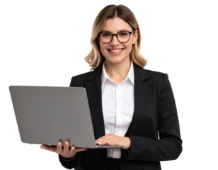 Businesswoman Holding Laptop, Smiling While Engaging with Media and Sharing Content on transparent background.