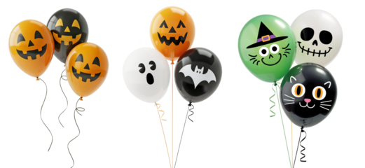 Halloween party balloons with pumpkin, ghost, bat, witch, skull, and black cat faces, colorful set on transparent background, ideal for festive designs, stickers, and celebration templates