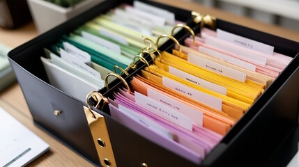 Organized filing system with colorful documents in a black binder on a wooden desk in a bright office environment