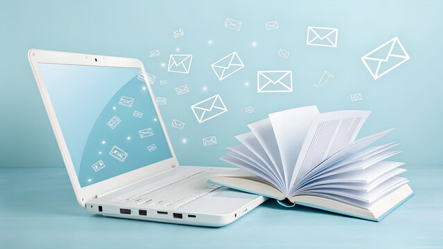Digital communication blossoms with a laptop, open book, and flying email icons