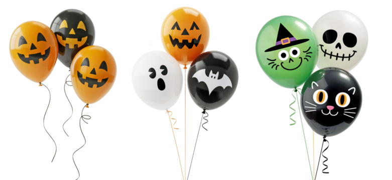Halloween party balloons with pumpkin, ghost, bat, witch, skull, and black cat faces, colorful set on transparent background, ideal for festive designs, stickers, and celebration templates - Powered by Adobe