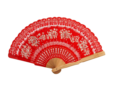 Elegant red hand fan with silver floral designs, meticulously crafted for cultural displays and artistic expression on transparent background.