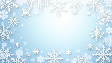 White snowflakes arranged in a light blue background.