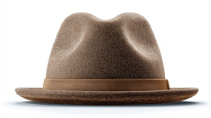 A taupe felt fedora hat with a tan band sits centered against a stark white background, showcasing its slightly indented crown and wide brim