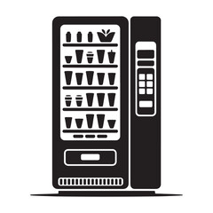 Black and white illustration of a vending machine with drinks and snacks beverages