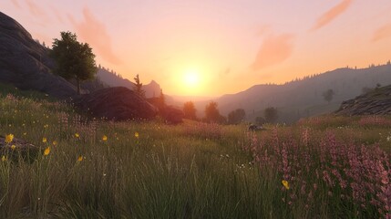 Sunrise over a wildflowers meadow, mountains in the background