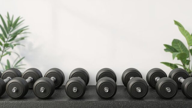 Line of weights in a workout center. Exercise for wellness. Text area available.