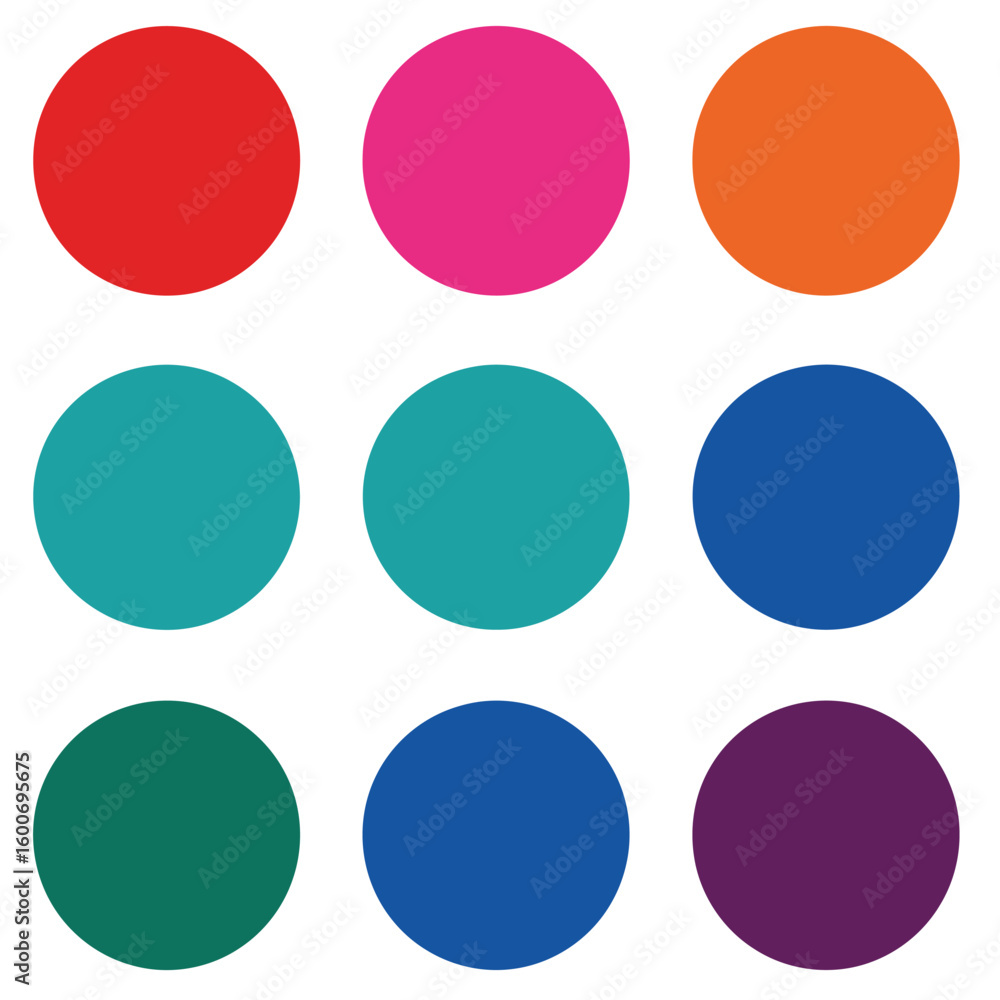Poster nine colorful circles arranged in a grid on a white background