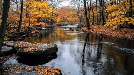 Autumnal stream flowing through a forest