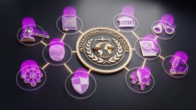Digital animation of international court of justice emblem with icons representing law and justice in a professional style