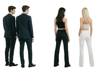 Fototapeta premium Rear view of four individuals posing against dark backdrop on transparent background
