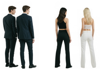 Rear view of four individuals posing against dark backdrop on transparent background