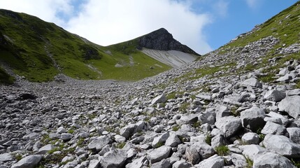Mountain slope covered in rocks and grass