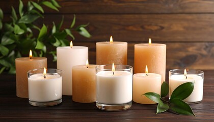 Various candles in glass holders, warm tones