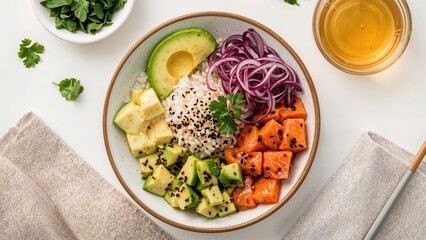 Popular Japanese-Style Poke Bowl with Ahi, Avocado, and Savory Toppings