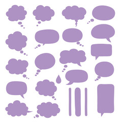 Collection of purple speech bubbles and thought bubbles on a white background