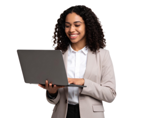 Businesswoman Holding Laptop, Smiling While Engaging with Media and Sharing Content on transparent background.
