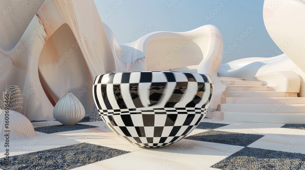 Poster circular pot with a checkerboard pattern of contrasting geometric shapes.