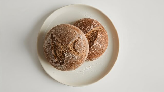 Bird's eye perspective of two seeded wholemeal ciabatta buns on a round plate, differing in size, lightly powdered with flour