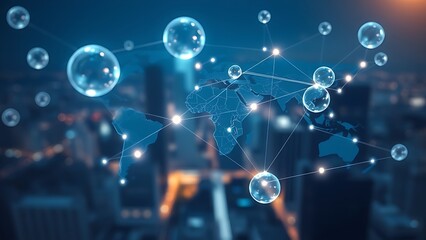 Obraz premium Floating translucent spheres connected by glowing lines, symbolizing global business networks.