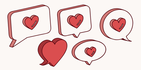 Isometric hearts and speech bubbles vector design for social media love and valentine's day concept