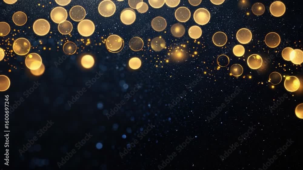 Poster glittering golden particles floating against a dark background with depth and sparkle for elegant de