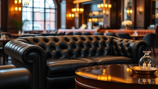 Luxurious leather sofa and coffee table in an upscale restaurant with warm ambient lighting.