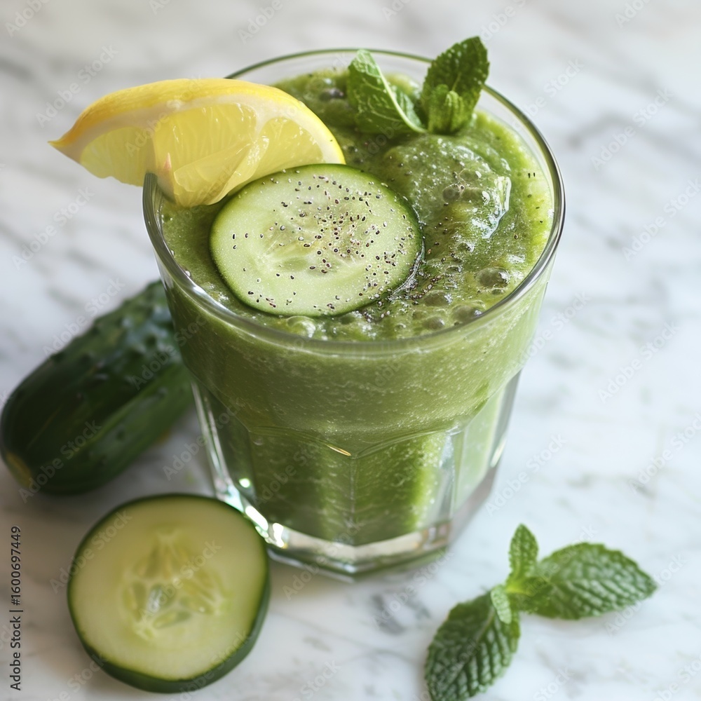 Poster a refreshing green smoothie with cucumber apple and lemon for a detoxifying and cleansing effect.