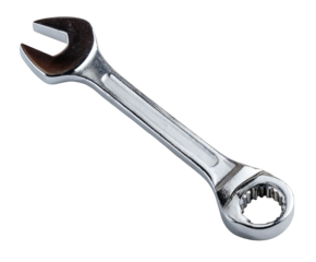 Close-up shot of a shiny silver combination wrench with open end and ring spanner on transparent background